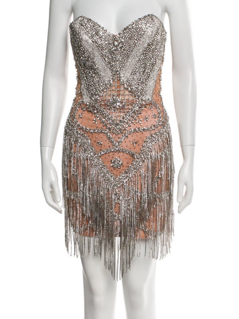 Portia And Scarlett Strapless Mini Dress With Silver Beaded Fringe